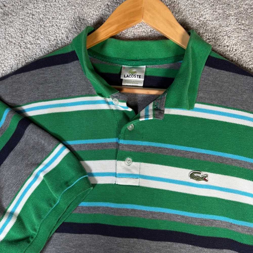 Lacoste Striped‎ Polo Shirt Mens Green Gray Blue White Size 9 Cotton - Picture 2 of 8